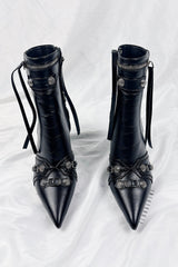 Pointed Toe Ankle Stiletto Boots With Studs And Pin Buckle Strap Details - Black