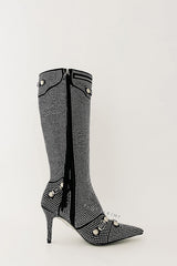 Rhinestone Embellished Faux Suede Knee High Pointed Toe Stiletto Boots With Studs And Pin Buckle Strap Details