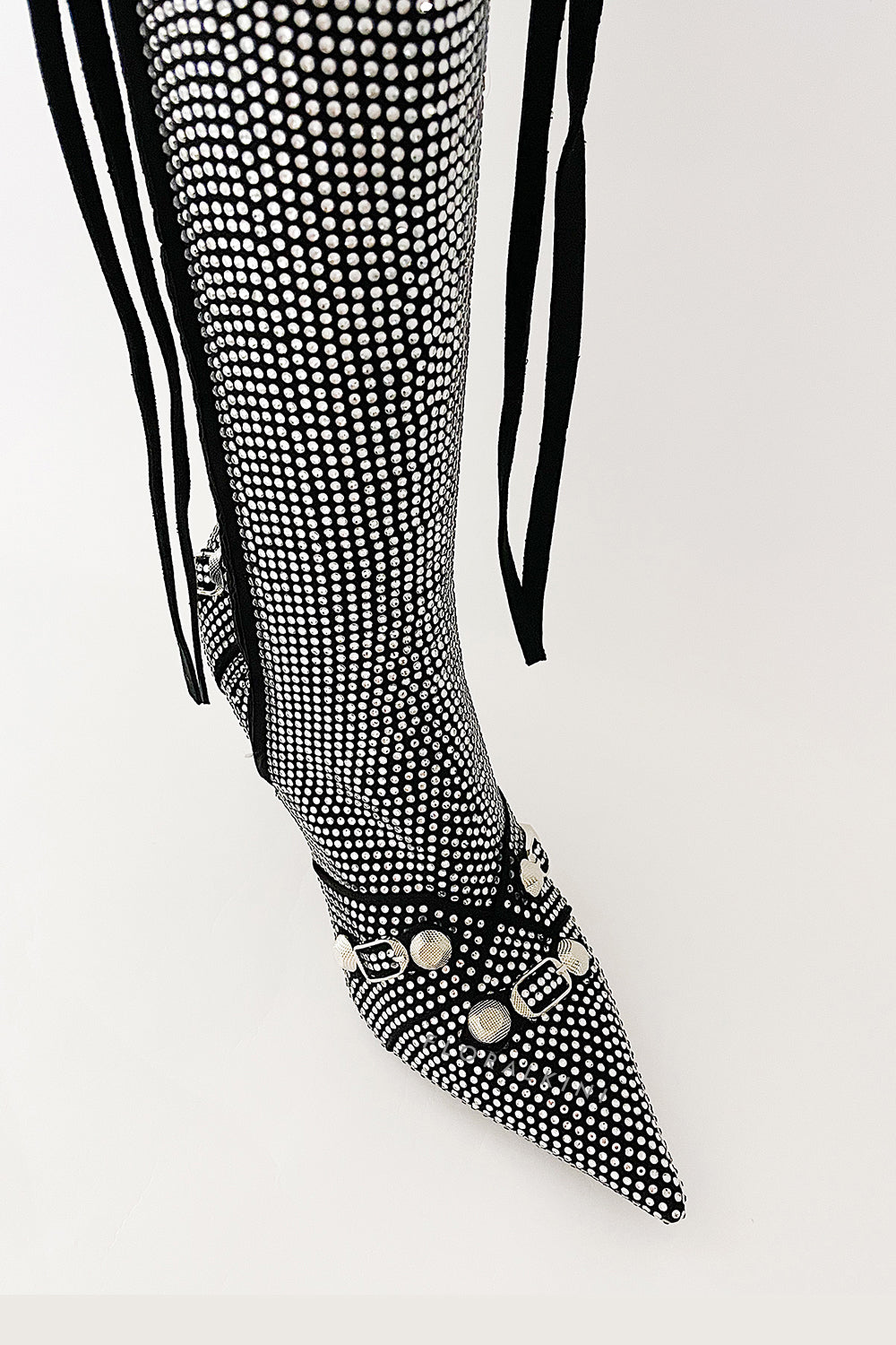 Rhinestone Embellished Faux Suede Knee High Pointed Toe Stiletto Boots With Studs And Pin Buckle Strap Details