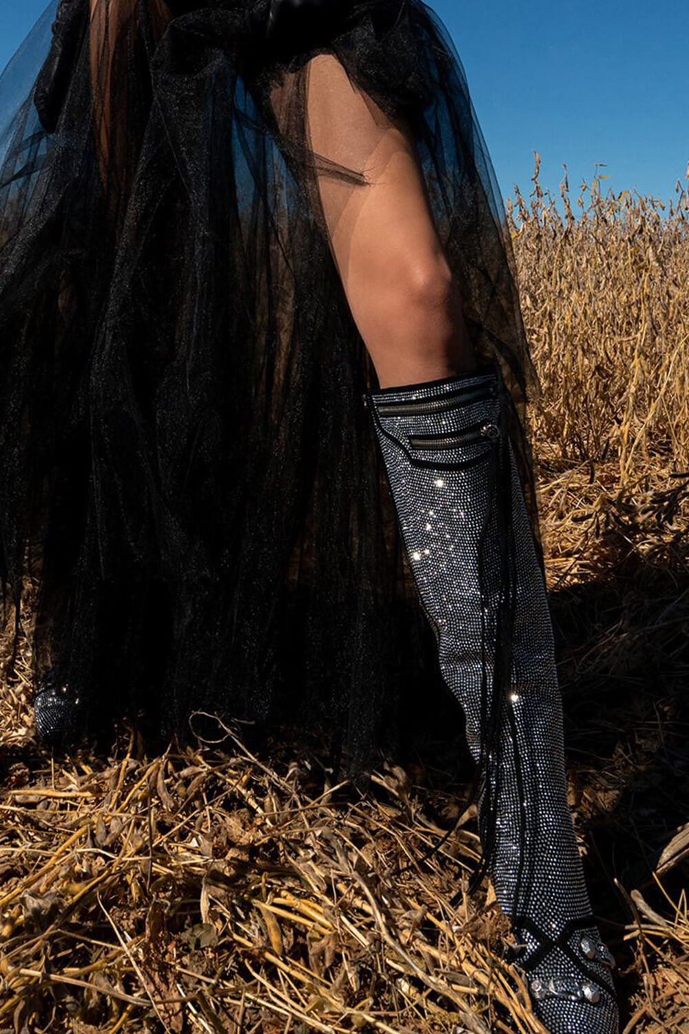 Rhinestone Embellished Faux Suede Knee High Pointed Toe Stiletto Boots With Studs And Pin Buckle Strap Details