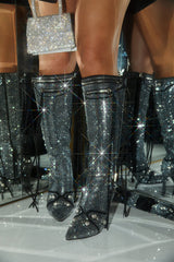 Rhinestone Embellished Faux Suede Knee High Pointed Toe Stiletto Boots With Studs And Pin Buckle Strap Details
