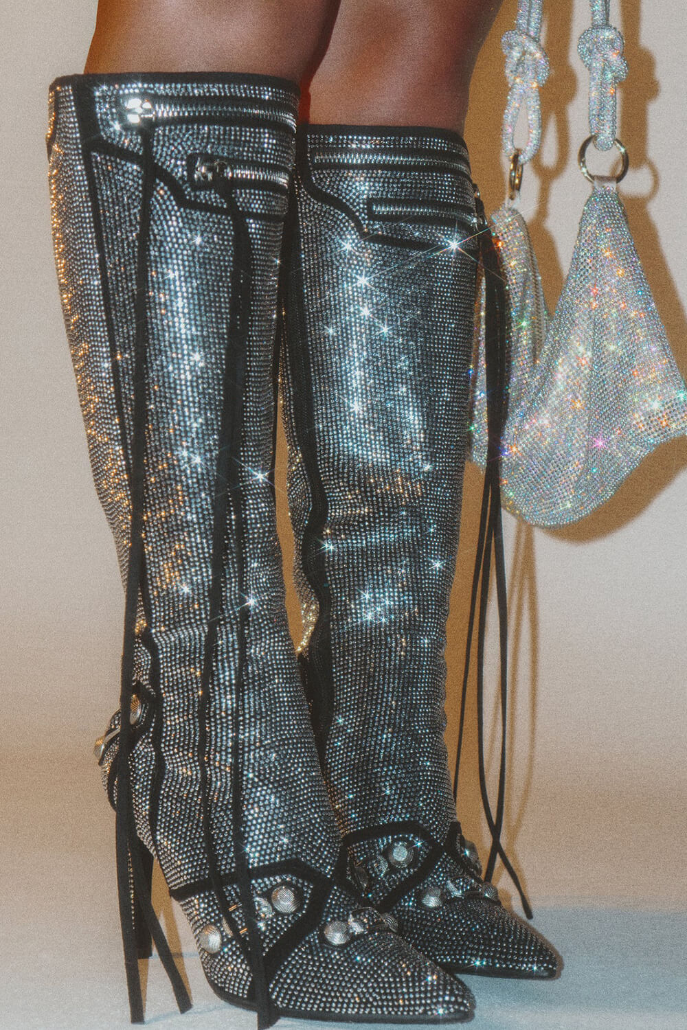 Rhinestone Embellished Faux Suede Knee High Pointed Toe Stiletto Boots With Studs And Pin Buckle Strap Details