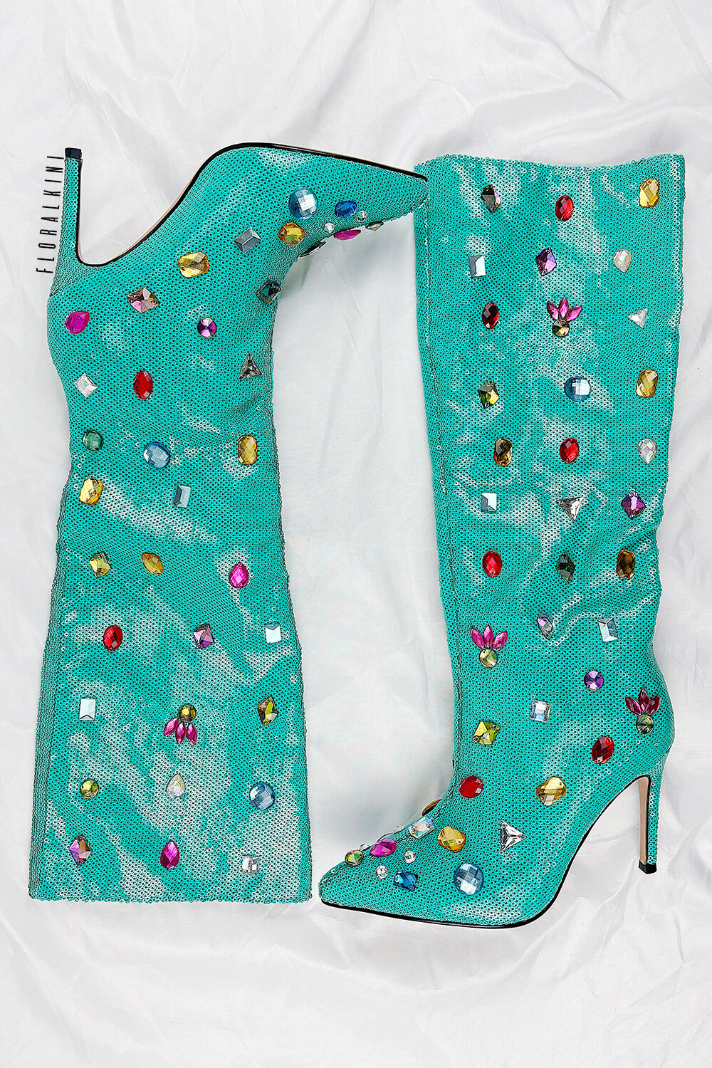 Green Sequined Pointed Toe Stiletto Heel Over The Knee Boots