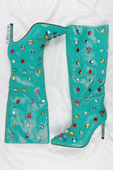Green Sequined Pointed Toe Stiletto Heel Over The Knee Boots