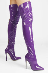 Patent Over The Knee Thigh High Stiletto Boots - Purple/Hot Pink/Lime