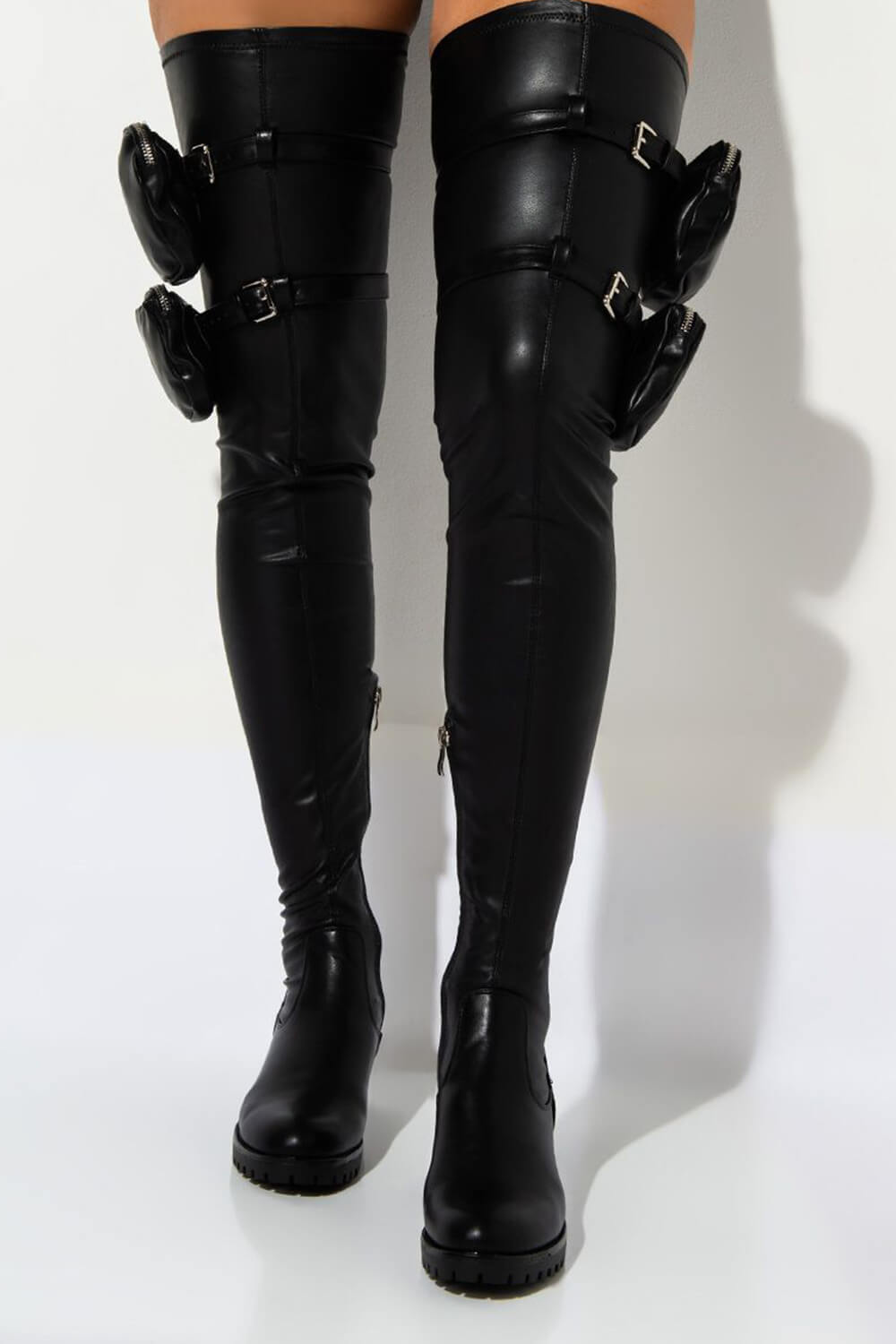 Faux Leather Pouch Detail Thigh High Flat Boots - Black