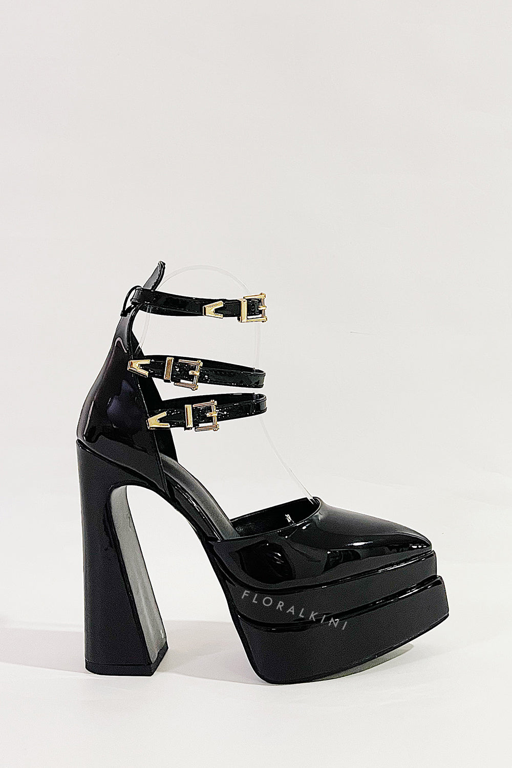 Black Faux Leather Double Platform Pointy Pumps With Triple Ankle Straps Detailing
