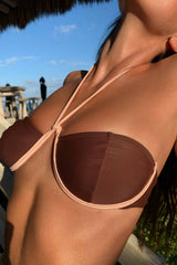 Chocolate Color Block Halter-Neck V Wire Bralette Tanga Scrunch Back Bikini Set