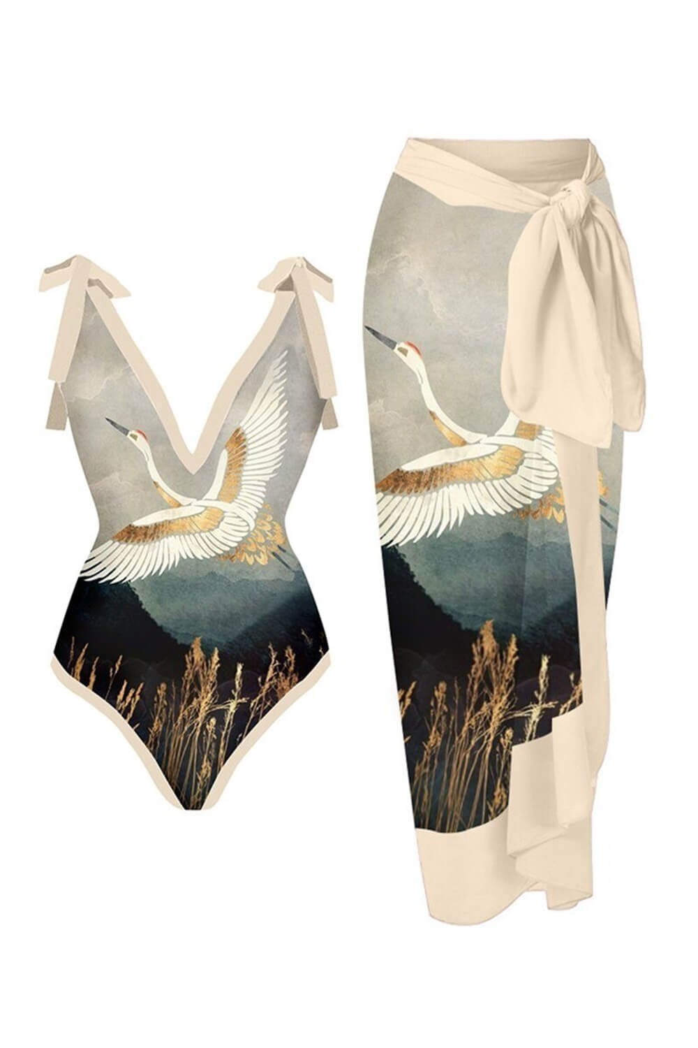 Whooping Crane Print Sarong Wrap Midi Skirt