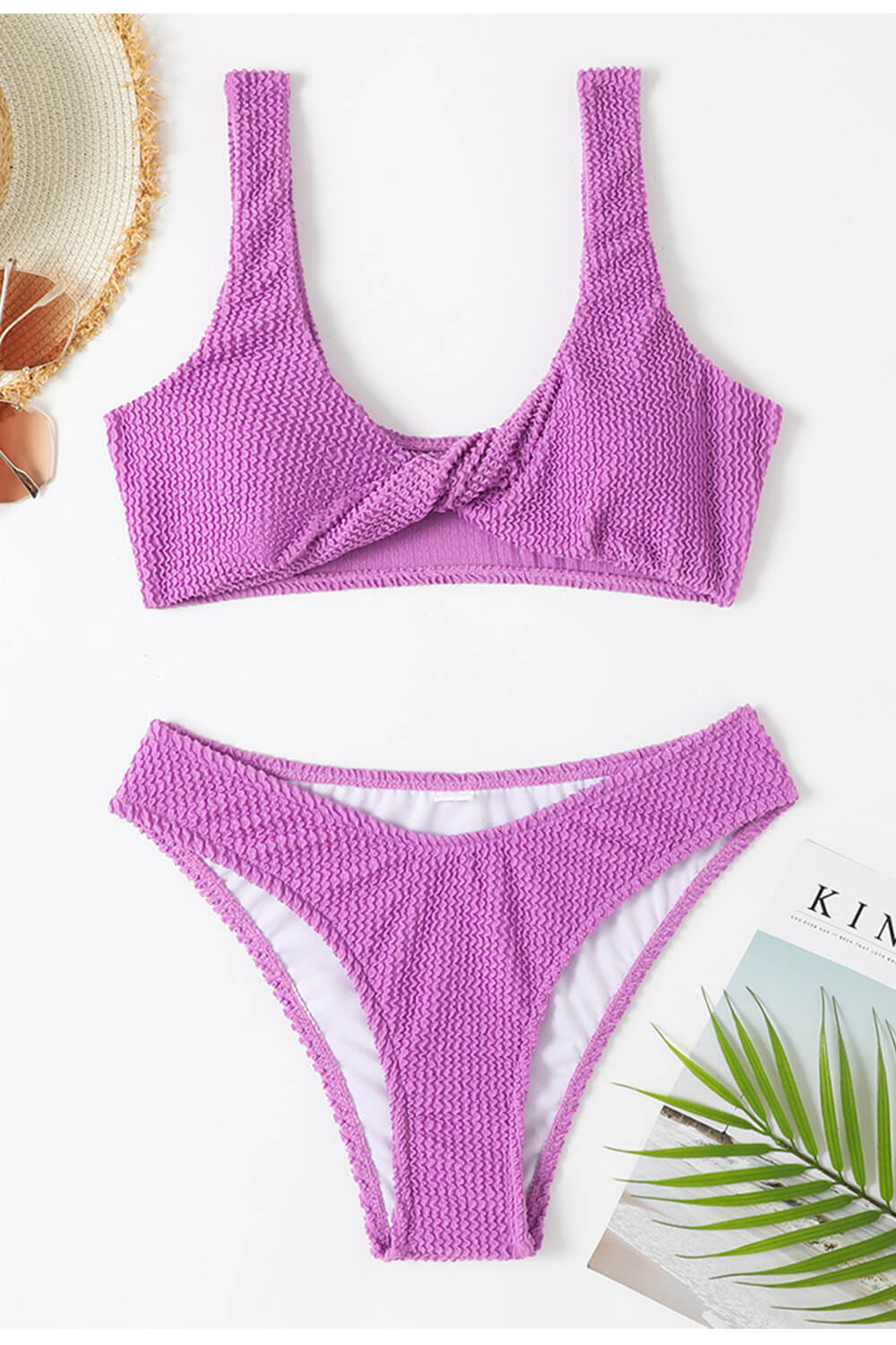 Crinkle Twist-Front Cropped High Leg Bikini Set