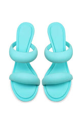 Doulbe Puffed Straps Open Toe Mule Sandals - Cyan
