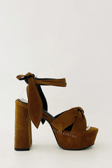 Knotted Ankle-Wrap Open Toe Platform Suede Sandals - Brown