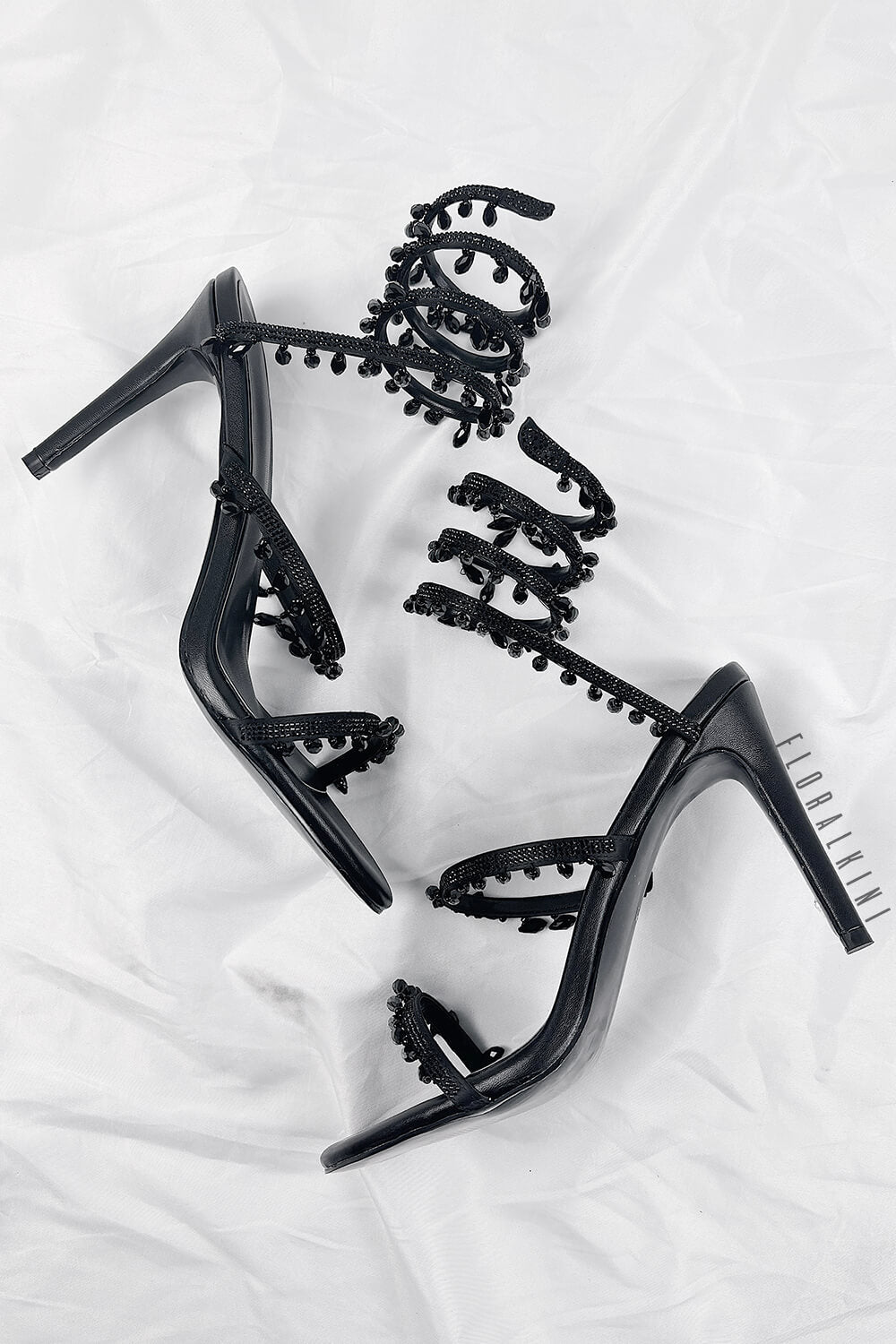 Crystal Chandelier Embellished Faux Satin Wraparound Self-Tie Slingback Sandals - Black