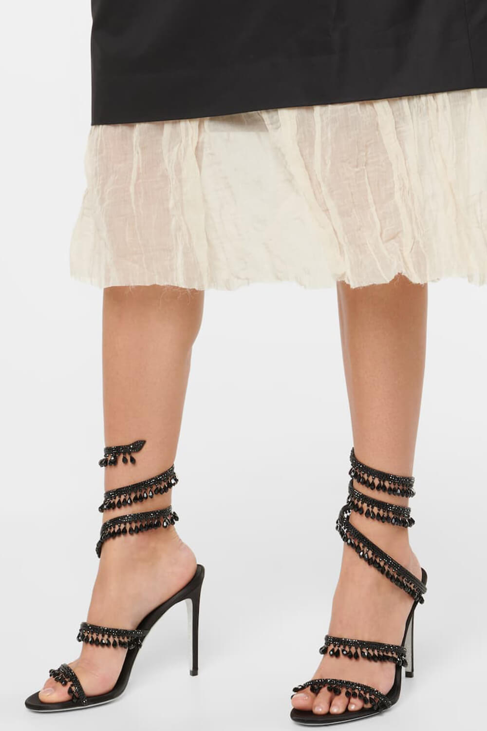 Crystal Chandelier Embellished Faux Satin Wraparound Self-Tie Slingback Sandals - Black