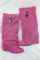 Gem Embellished Diamante Padlock Detail Folded Biker Knee High Boots - Pink