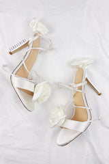 Flower Embellished Satin Lace Up Open Toe Stiletto Heels Sandals - Ivory