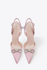 Satin Rhinestone Bow Sling Back Pointed Toe Stiletto High Heel Pumps - Pink