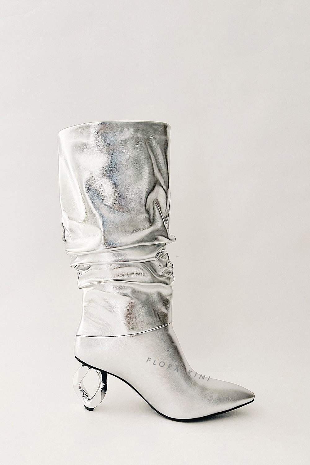 Metallic Slouchy Pointed Toe Chain-Heel Mid Boots - Silver