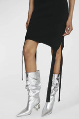 Metallic Slouchy Pointed Toe Chain-Heel Mid Boots - Silver