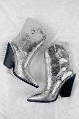 Silver Metallic Cowboy Pointed Toe Block Heeled Ankle Boots