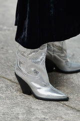 Silver Metallic Cowboy Pointed Toe Block Heeled Ankle Boots
