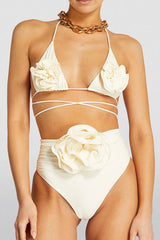 Rose Applique Wrap Tie Halterneck Triangle High-Wasited Bikini Set