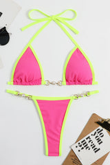 Ribbed Contrast Halter Triangle G-String Brazilian Bikini Set