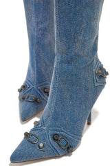 Denim Knee High Pointed Toe Stiletto Boots With Studs And Pin Buckle Strap Details - Dark Blue