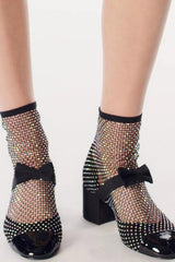 Suede Patent Diamante Fishnet Bow-Embellished Mary Jane Ankle Boots - Black & Silver
