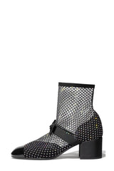 Suede Patent Diamante Fishnet Bow-Embellished Mary Jane Ankle Boots - Black & Silver