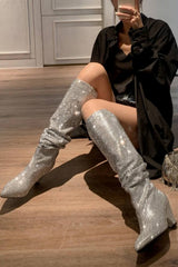 Diamante Crystal-Embellished Point Toe Knee High Block Heeled Slouch Boots - Silver