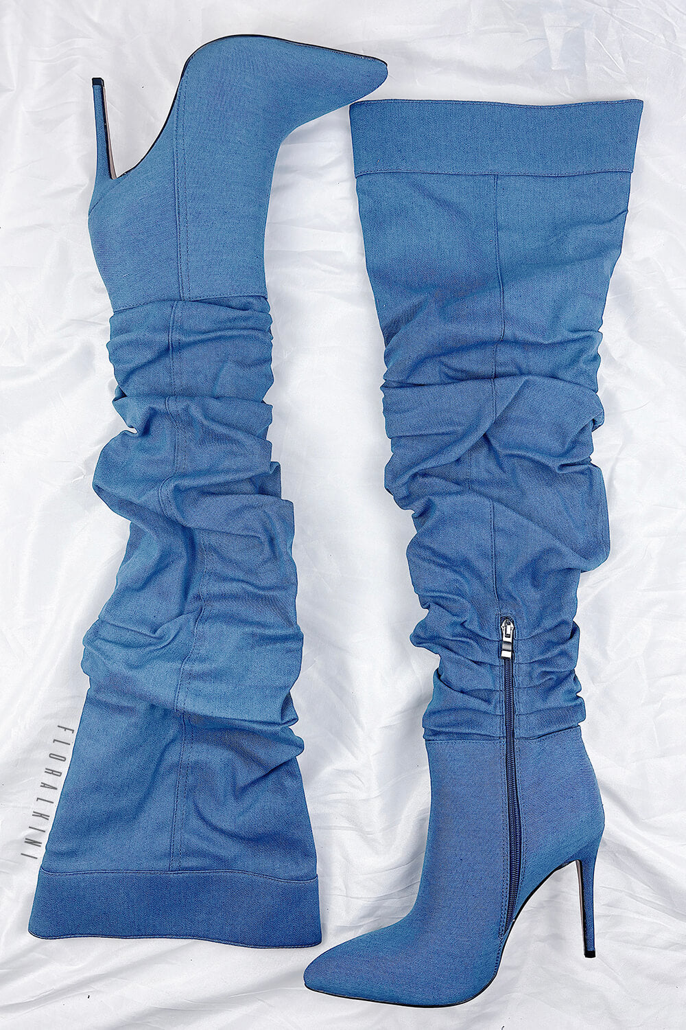 Denim Ruched Over-The-Knee Pointed Toe Stiletto Boots
