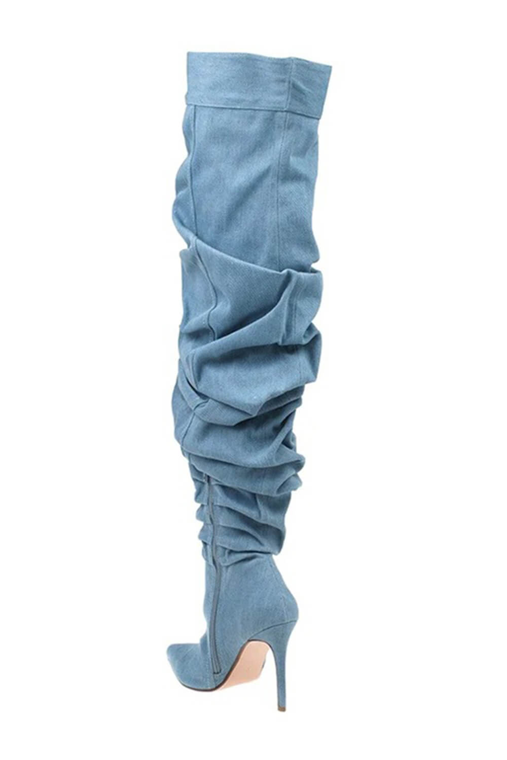 Denim Ruched Over-The-Knee Pointed Toe Stiletto Boots