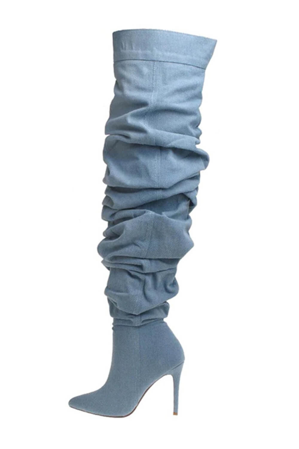 Denim Ruched Over-The-Knee Pointed Toe Stiletto Boots