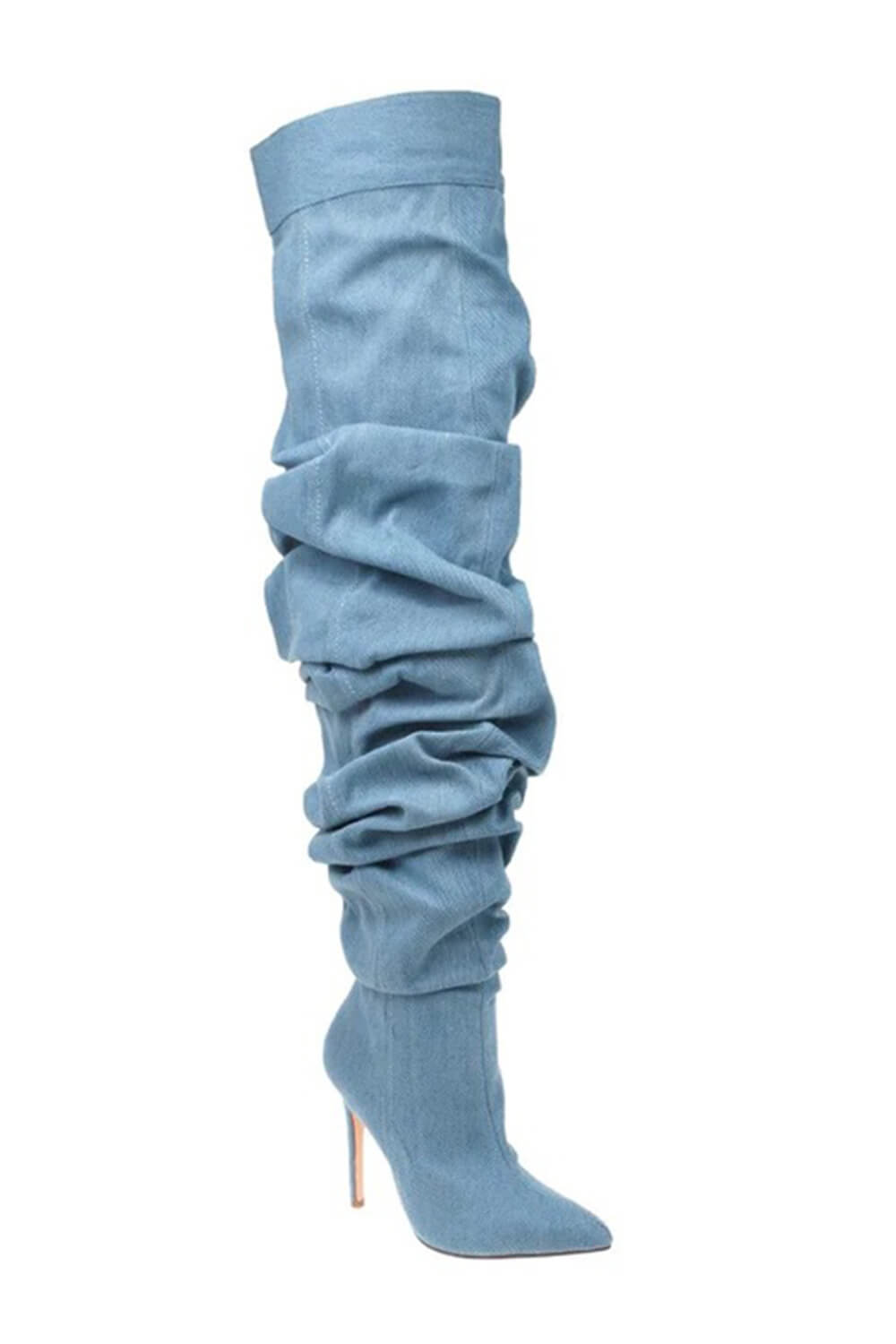 Denim Ruched Over-The-Knee Pointed Toe Stiletto Boots