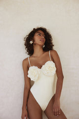 3D Flower Retro Bustier One Piece Swimsuit - Cream