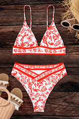 Orange Floral Print Triangle High Waisted Bikini Set