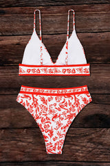 Orange Floral Print Triangle High Waisted Bikini Set