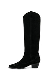 Suede Pointed Toe Western Cowboy Knee High Boots - Black