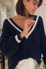 Ribbed Knit V-Neck Oversized Pullover Varsity Sweater - Navy & White