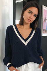 Ribbed Knit V-Neck Oversized Pullover Varsity Sweater - Navy & White
