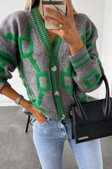 Letter D Chain Print Front Button V Neck Knit Cardigan