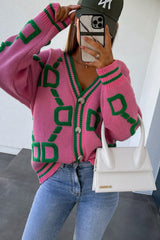 Letter D Chain Print Front Button V Neck Knit Cardigan