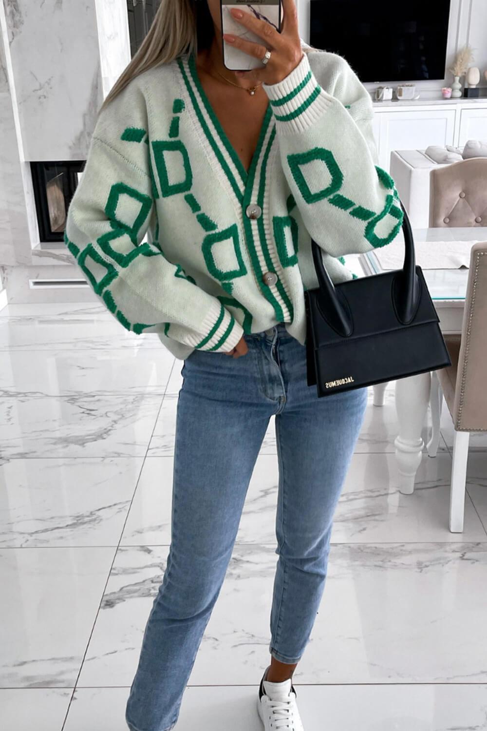 Letter D Chain Print Front Button V Neck Knit Cardigan