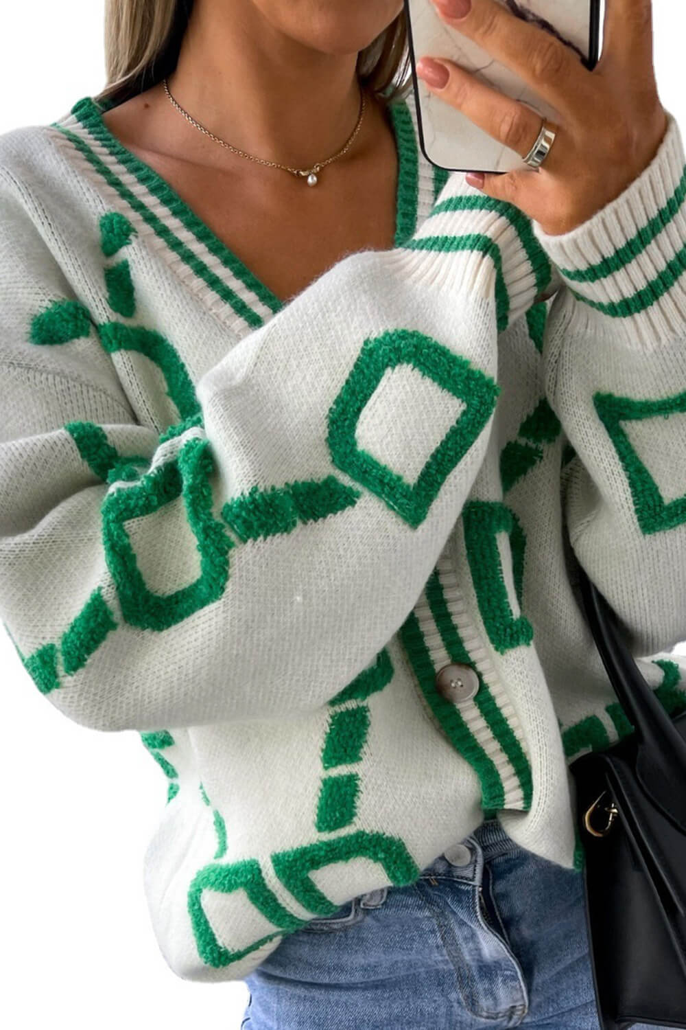 Letter D Chain Print Front Button V Neck Knit Cardigan