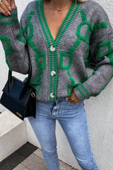 Letter D Chain Print Front Button V Neck Knit Cardigan