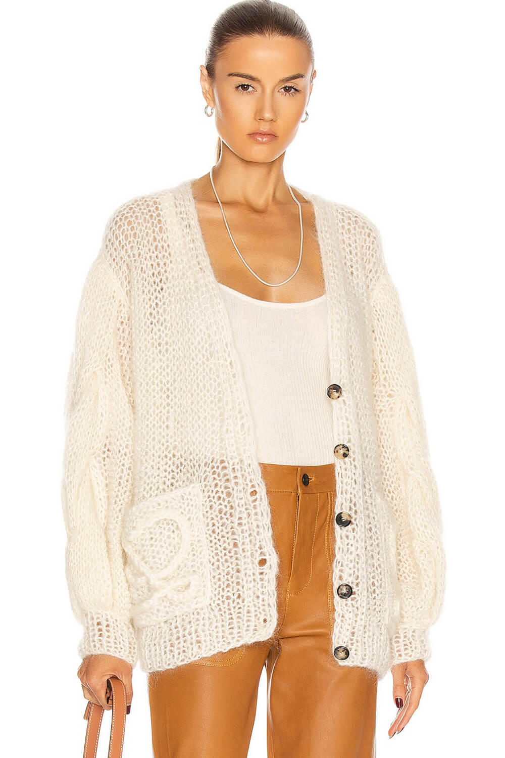 Mohair-Blend Balloon Sleeve Button Up Pouch-Pocket V Neck Cardigan