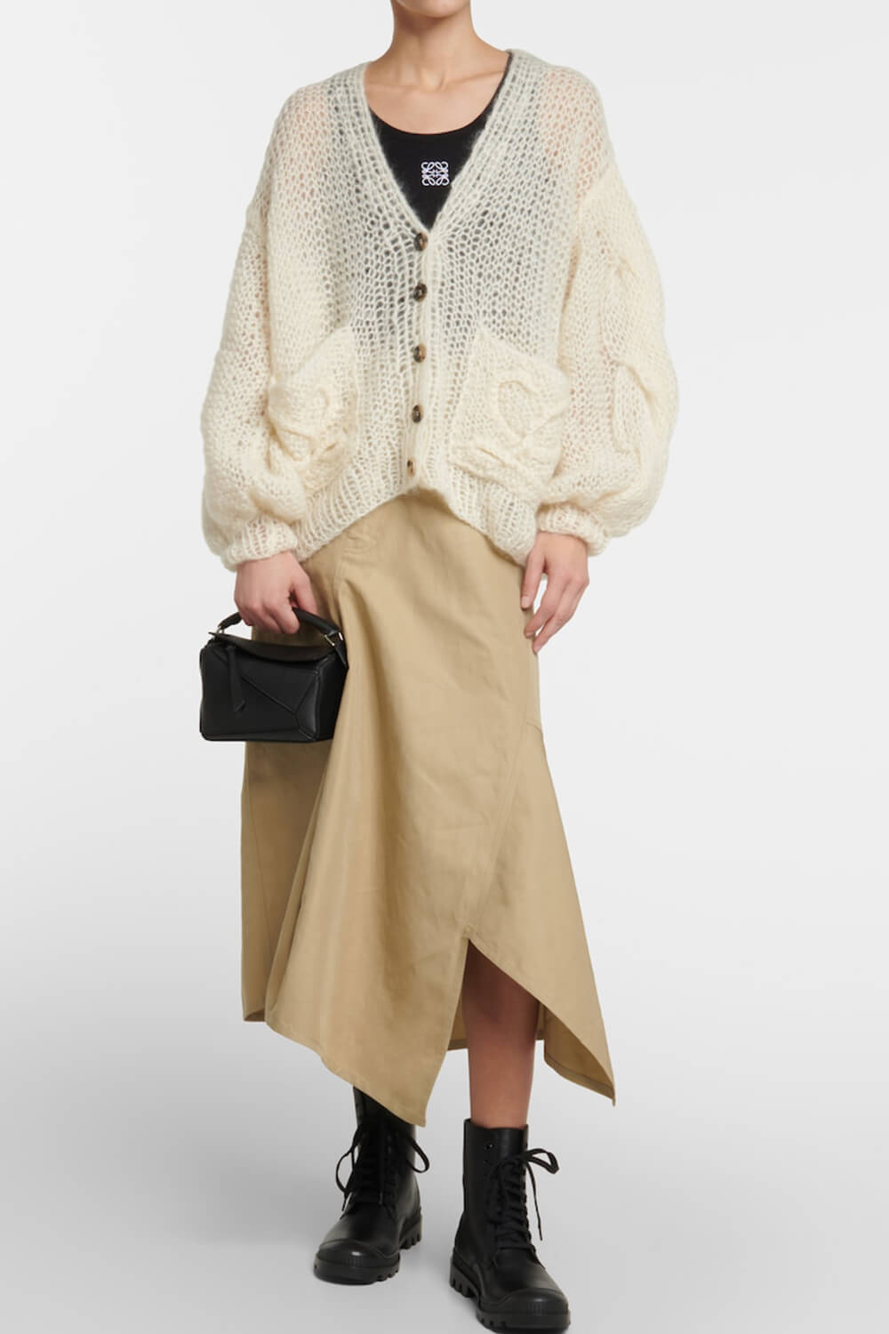 Mohair-Blend Balloon Sleeve Button Up Pouch-Pocket V Neck Cardigan