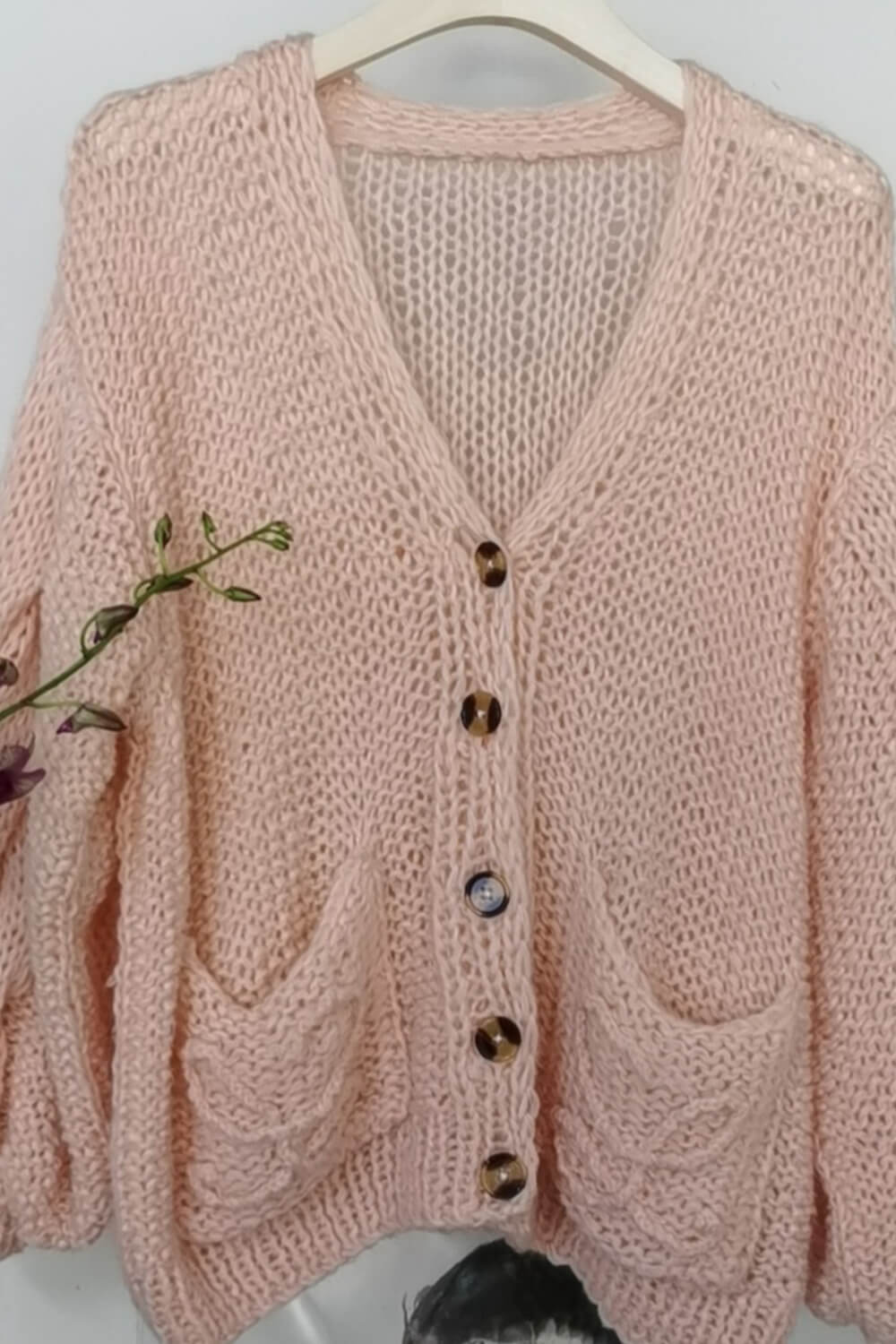 Mohair-Blend Balloon Sleeve Button Up Pouch-Pocket V Neck Cardigan