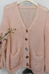 Mohair-Blend Balloon Sleeve Button Up Pouch-Pocket V Neck Cardigan